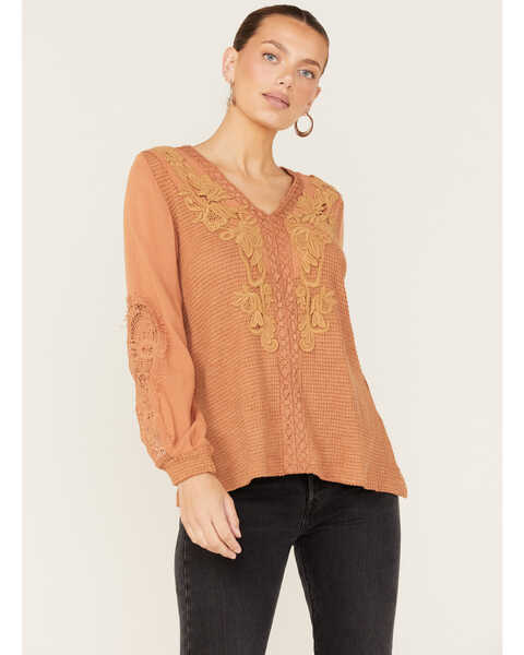 Miss Me Women's Floral Embroidered Knit Top, Rust Copper, hi-res