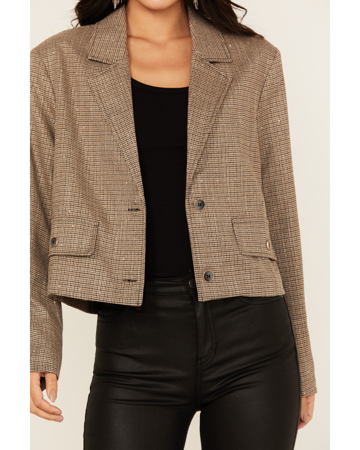 Image #3 - Mystree Women's Plaid Print Rhinestone Cropped Blazer, Lt Brown, hi-res