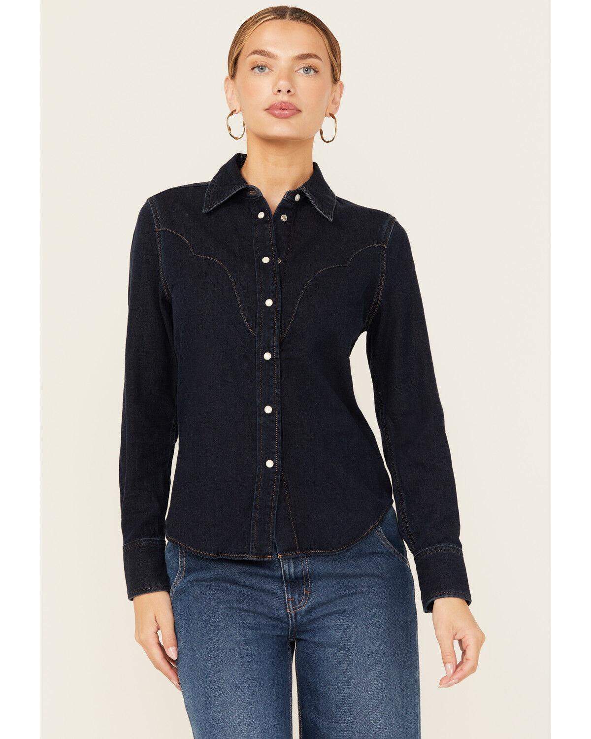 Image #1 - Wrangler Women's Dark Wash Slim Yoke Long Sleeve Pearl Snap Western Shirt, Dark Wash, hi-res