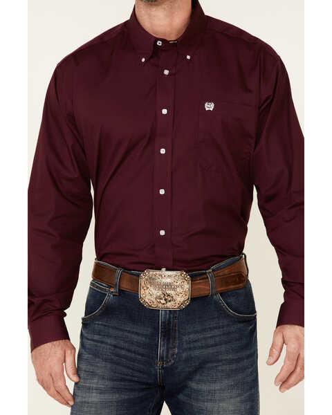 C‌inch Men's Solid Burgundy Button Long Sleeve Western Shirt, Burgundy, hi-res