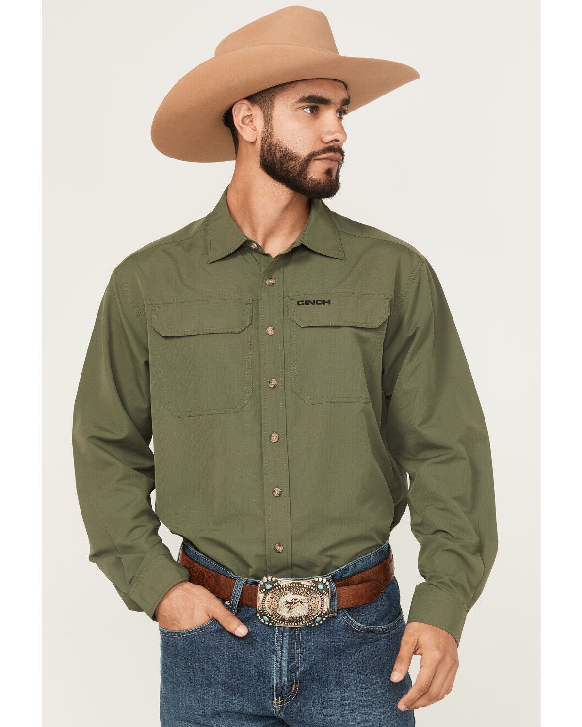 Cinch Men's Solid Arenaflex Long Sleeve Button-Down Performance Stretch Western Shirt, Green, hi-res
