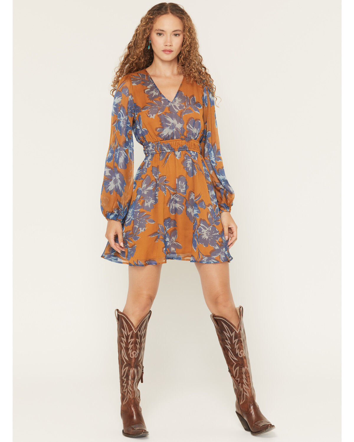 Image #1 - Shyanne Women's Floral Print Long Sleeve Chiffon Mini Dress, Pecan, hi-res