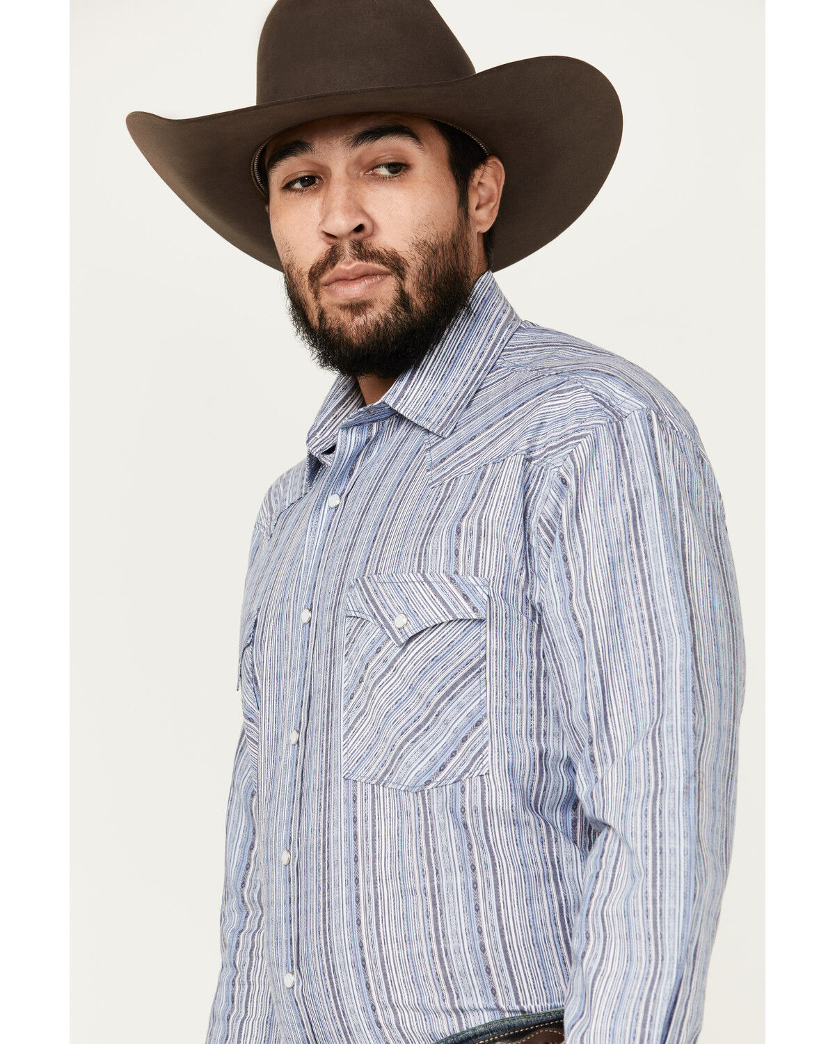 Image #2 - Rough Stock by Panhandle Men's Striped Long Sleeve Pearl Snap Stretch Western Shirt, Blue, hi-res