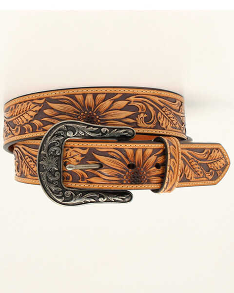 Image #1 - Nocona Women's Sunflower Tooled Leather Belt, Tan, hi-res