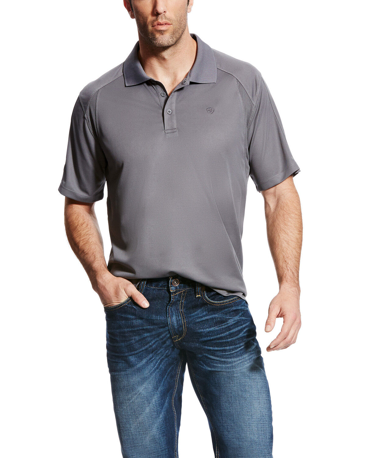 Image #1 - Ariat Men's Grey AC Pique Short Sleeve Polo Shirt, Grey, hi-res