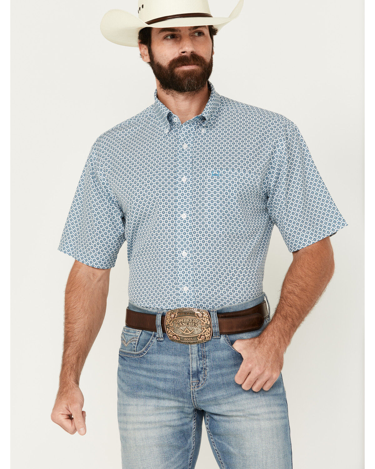 Image #1 - Cinch Men's ARENAFLEX® Geo Print Short Sleeve Button-Down Western Shirt, White, hi-res