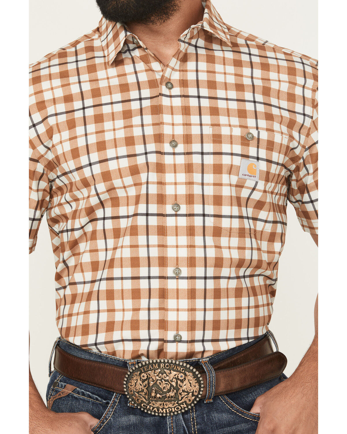 Image #3 - Carhartt Men's Force® Sun Defender™ Relaxed Fit Lightweight Plaid Print Short Sleeve Button-Down Work Shirt, Brown, hi-res