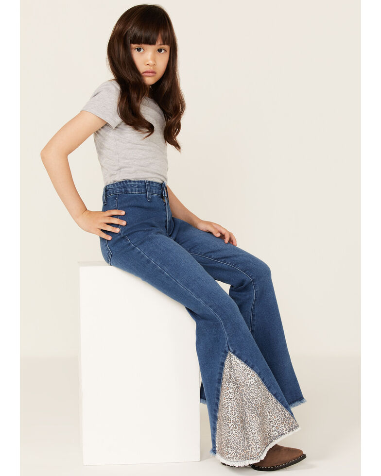 Cowboy Hardware Girls' Leopard Print Medium Wash Flare Jeans, Blue, hi-res