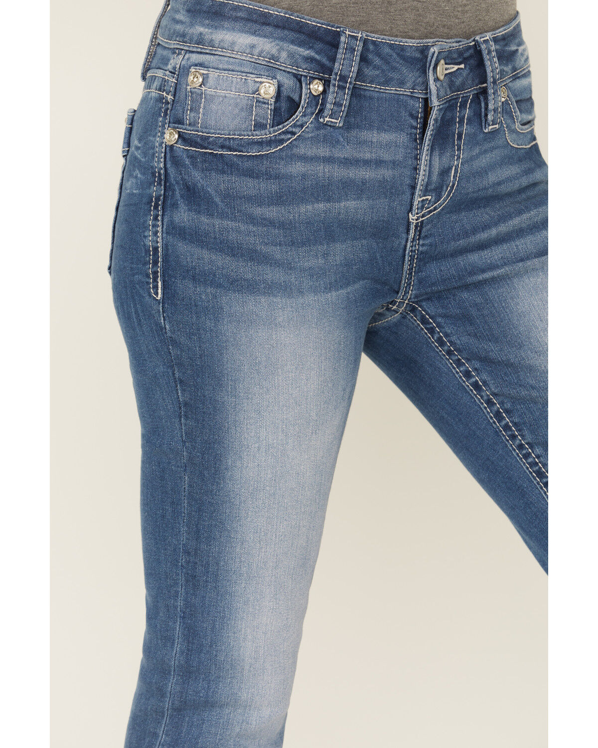 Image #3 - Shyanne Mid Rise Medium Wash Bootcut Paisley Faux Flap Stretch Denim Jeans, Medium Wash, hi-res