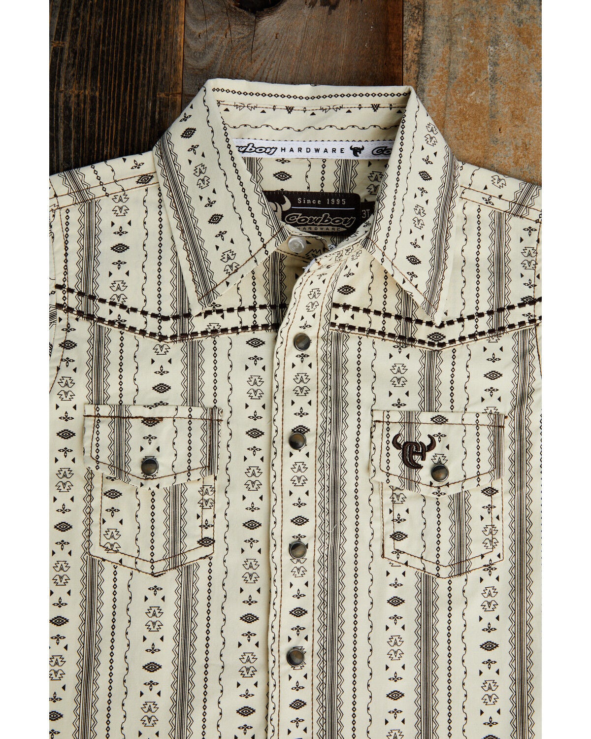 Image #2 - Cowboy Hardware Toddler Boys' Southwestern Striped Short Sleeve Snap Stretch Western Shirt, Brown, hi-res