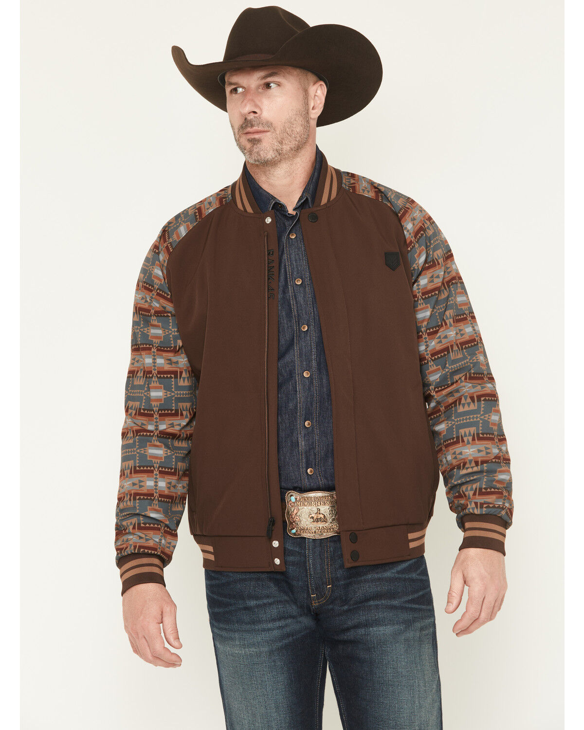Image #1 - RANK 45® Men's Calgary Southwestern Colorblock Varsity Softshell Jacket, Brown, hi-res