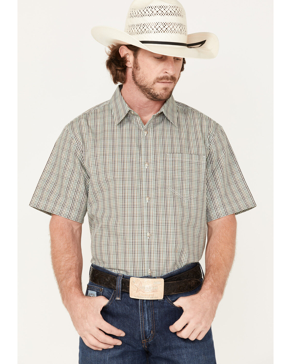 Image #1 - Gibson Men's Cedar Small Plaid Button-Down Western Shirt, Cream, hi-res