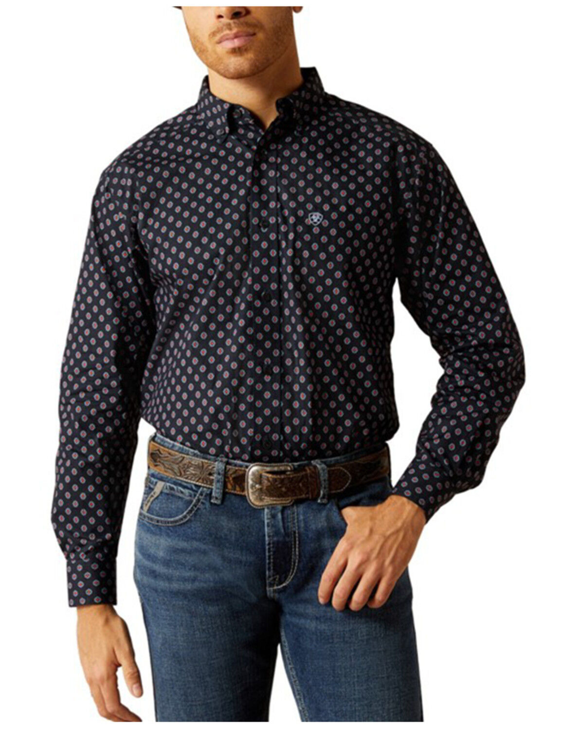 Image #1 - Ariat Men's Taylor Geo Print Long Sleeve Button-Down Western Shirt, Dark Blue, hi-res