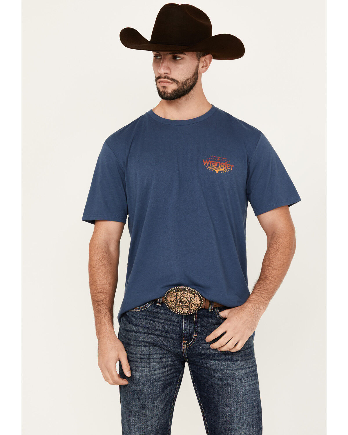 Image #1 - Wrangler Men's Boot Barn Exclusive Ombre Logo Short Sleeve Graphic T-Shirt, Indigo, hi-res