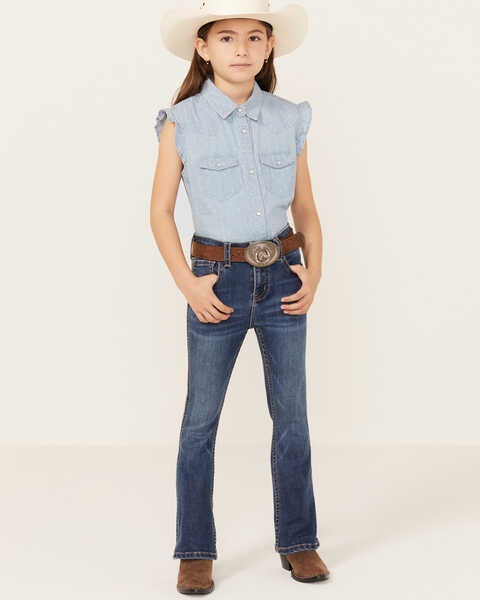 Image #1 - Shyanne Little Girls' Maren Medium Wash Embroidered Pocket Bootcut Comfort Stretch Denim Jeans , Medium Wash, hi-res