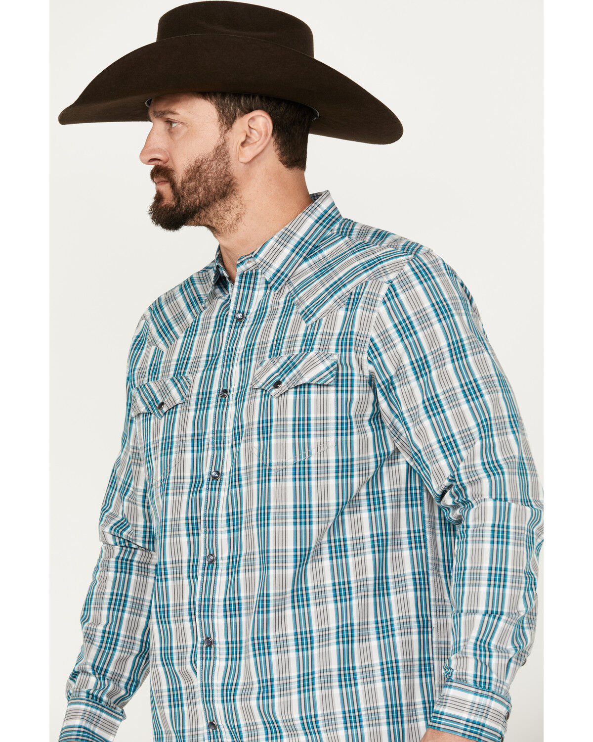 Image #2 - Moonshine Spirit Men's Agave Plaid Print Long Sleeve Western Snap Shirt, Grey, hi-res