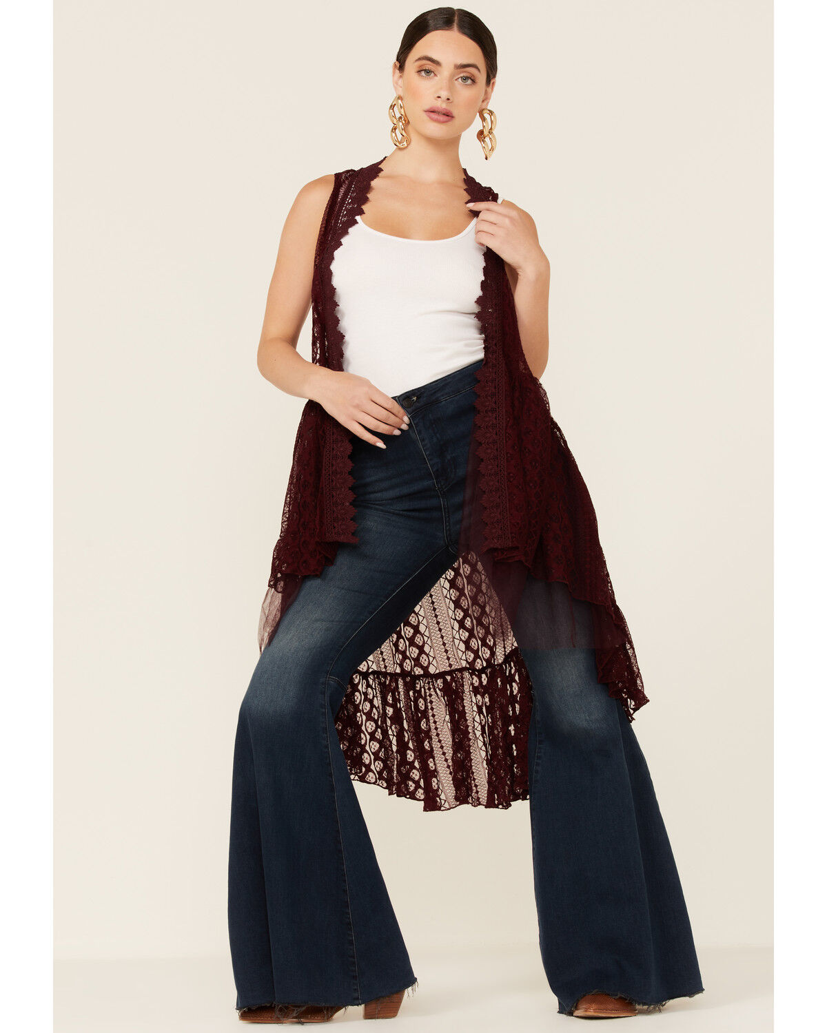 Image #1 - Origami Apparel Women's Wine High-Low Lace Tiered Kimono Vest, , hi-res