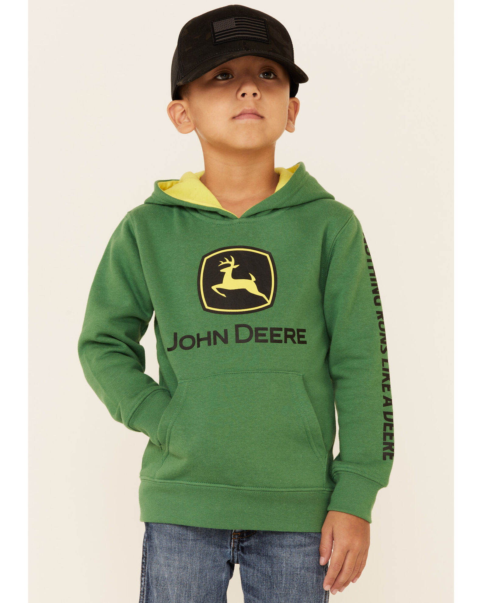 Product Name John Deere Boys 4 7 Green Trademark Logo Sleeve Graphic Hooded Sweatshirt