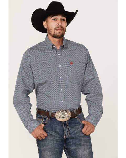 Image #1 - Cinch Men's Large Geo Print Long Sleeve Button Down Western Shirt , Navy, hi-res