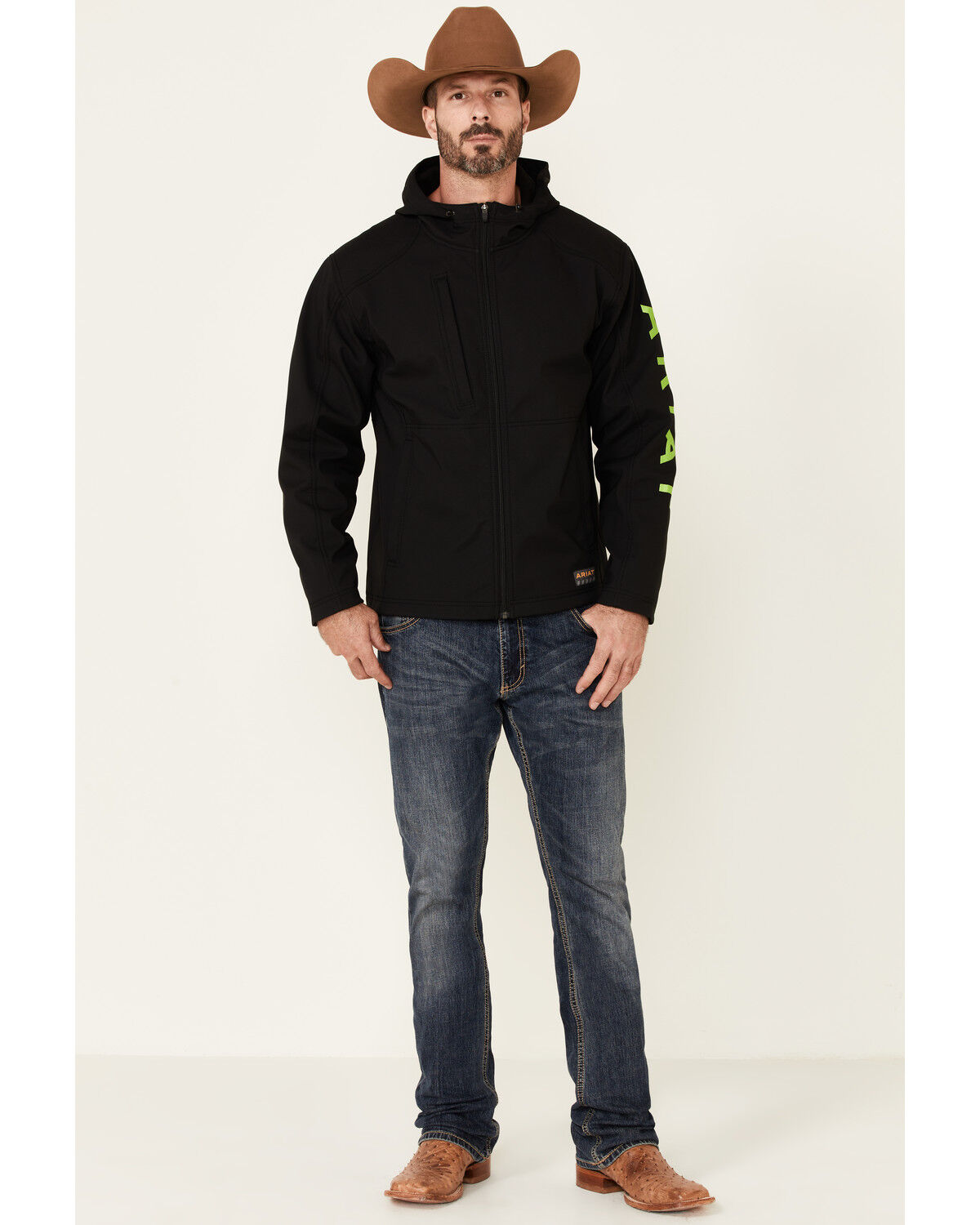 Image #2 - Ariat Men's Black & Lime Rebar Stretch Canvas Softshell Logo Zip-Front Work Jacket, Bright Green, hi-res
