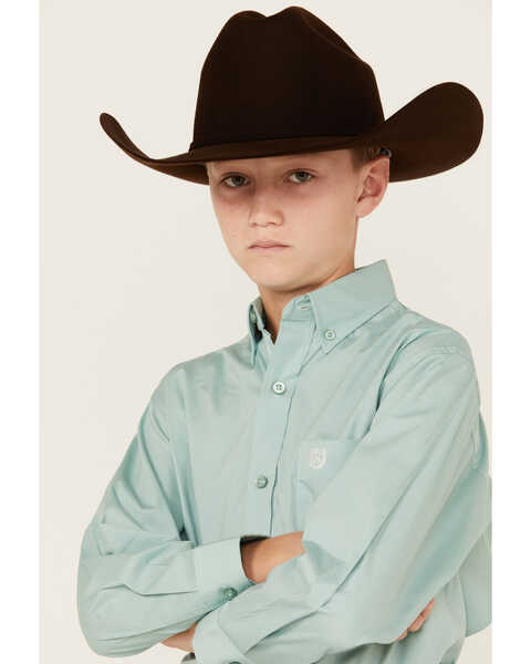 Image #2 - Panhandle Boys' Solid Poplin Long Sleeve Button-Down Western Shirt , Aqua, hi-res