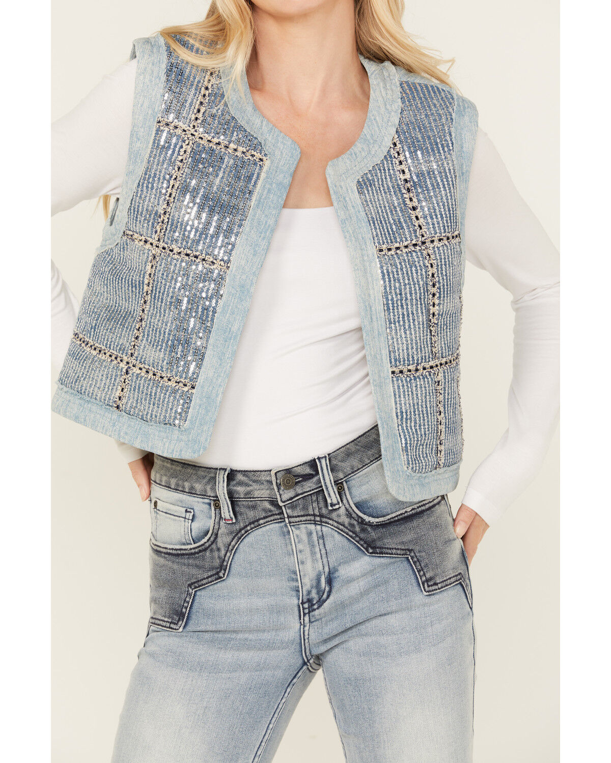 Image #2 - Miss Me Women's Denim Sequins Plaid Vest, Medium Blue, hi-res