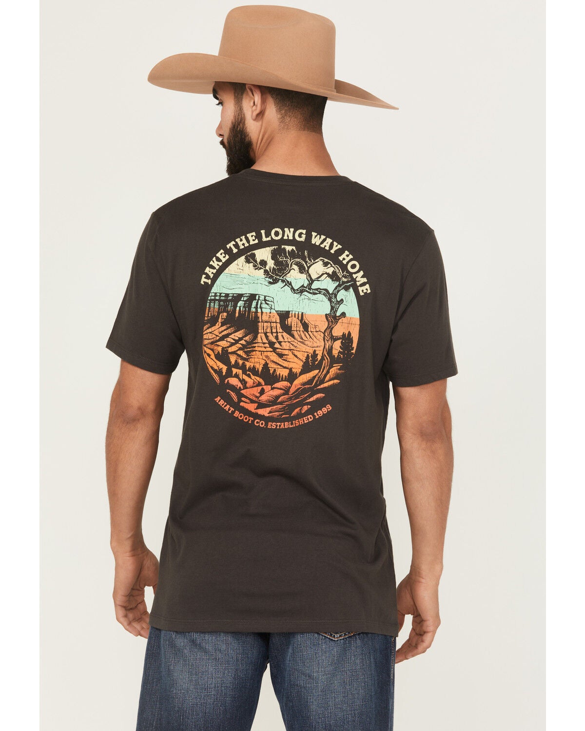 Ariat Men's Take The Long Way Short Sleeve Graphic T-Shirt, Charcoal, hi-res