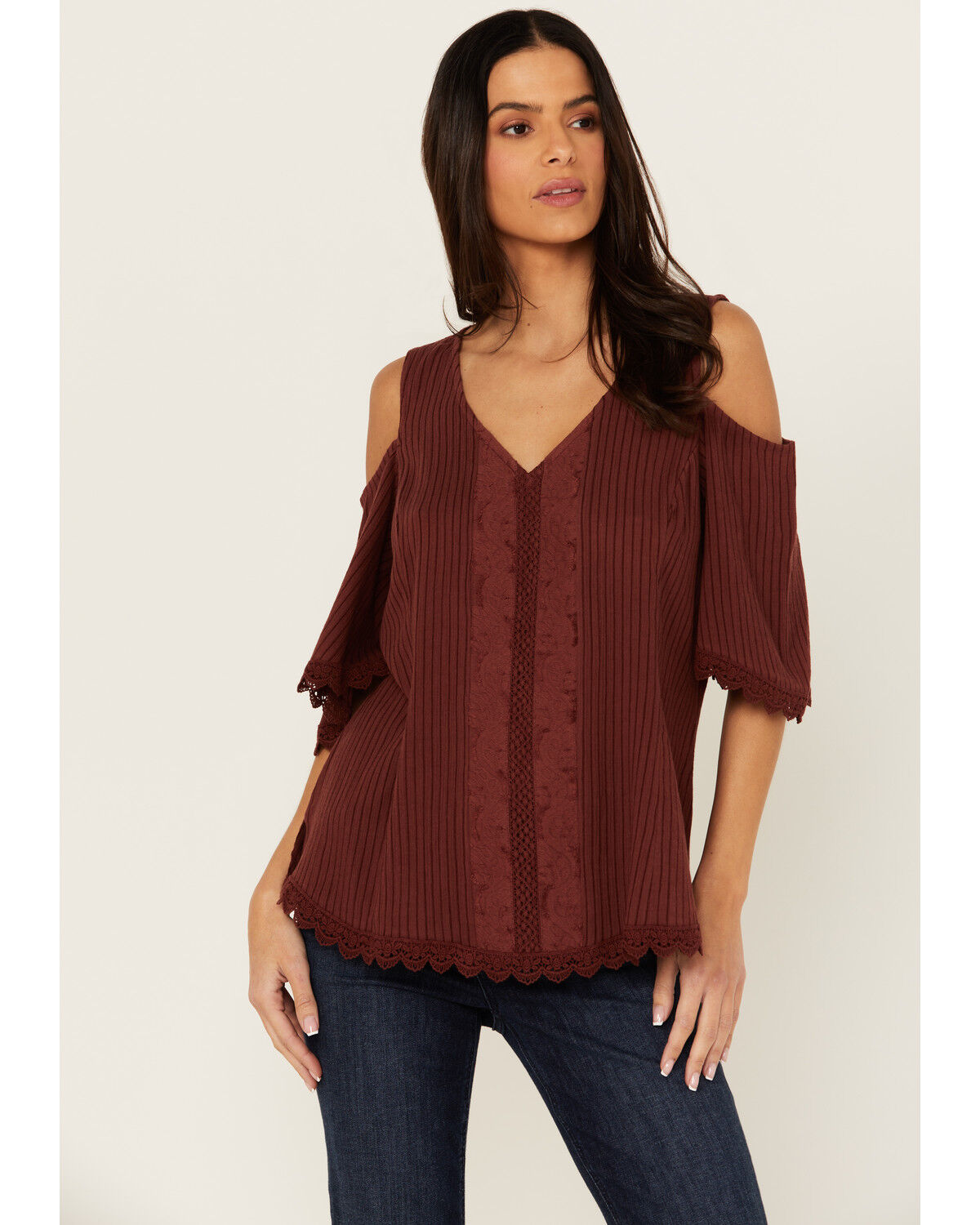 Image #1 - Shyanne Women's Short Sleeve Cold Shoulder Top, Brown, hi-res