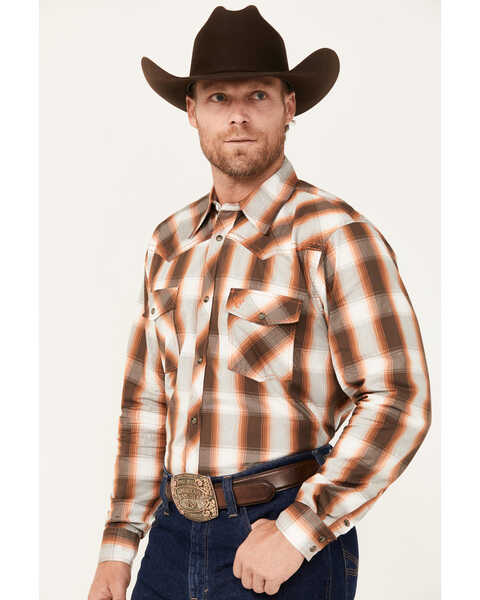 Image #2 - Cowboy Hardware Men's Hombre Plaid Print Long Sleeve Snap Western Shirt, Brown, hi-res
