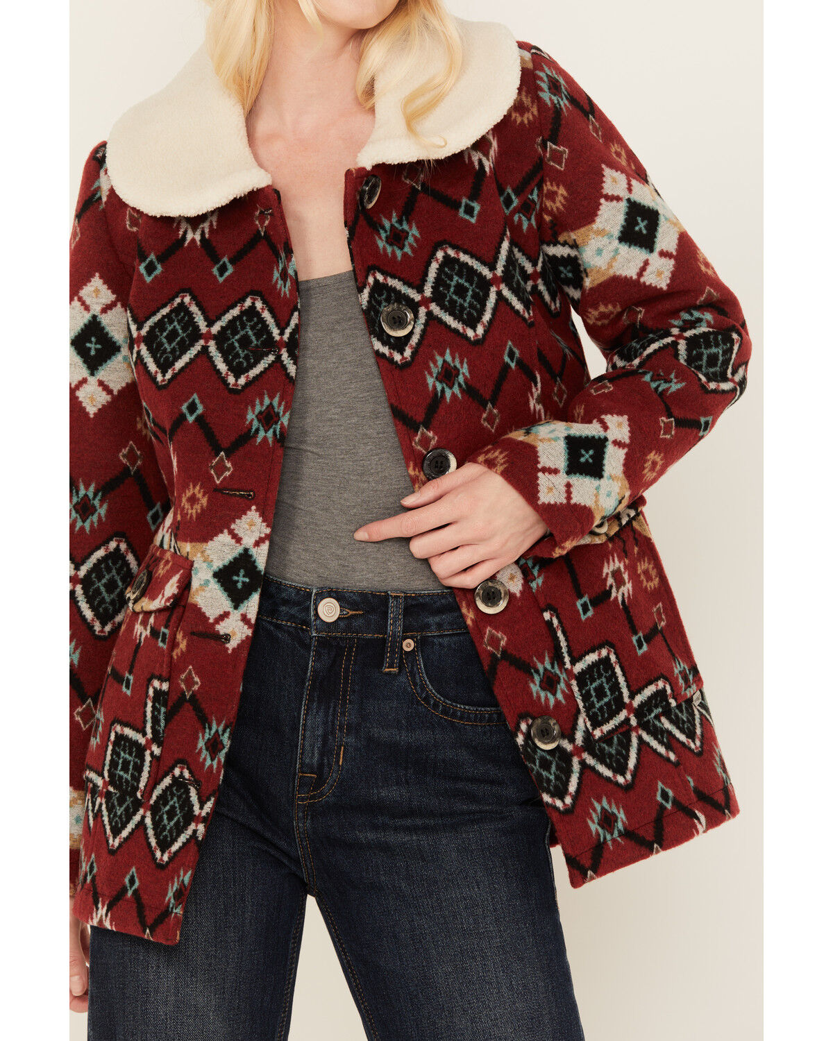 Image #3 - Powder River Outfitters Women's Southwestern Print Jacquard Wool Berber Coat, Red, hi-res