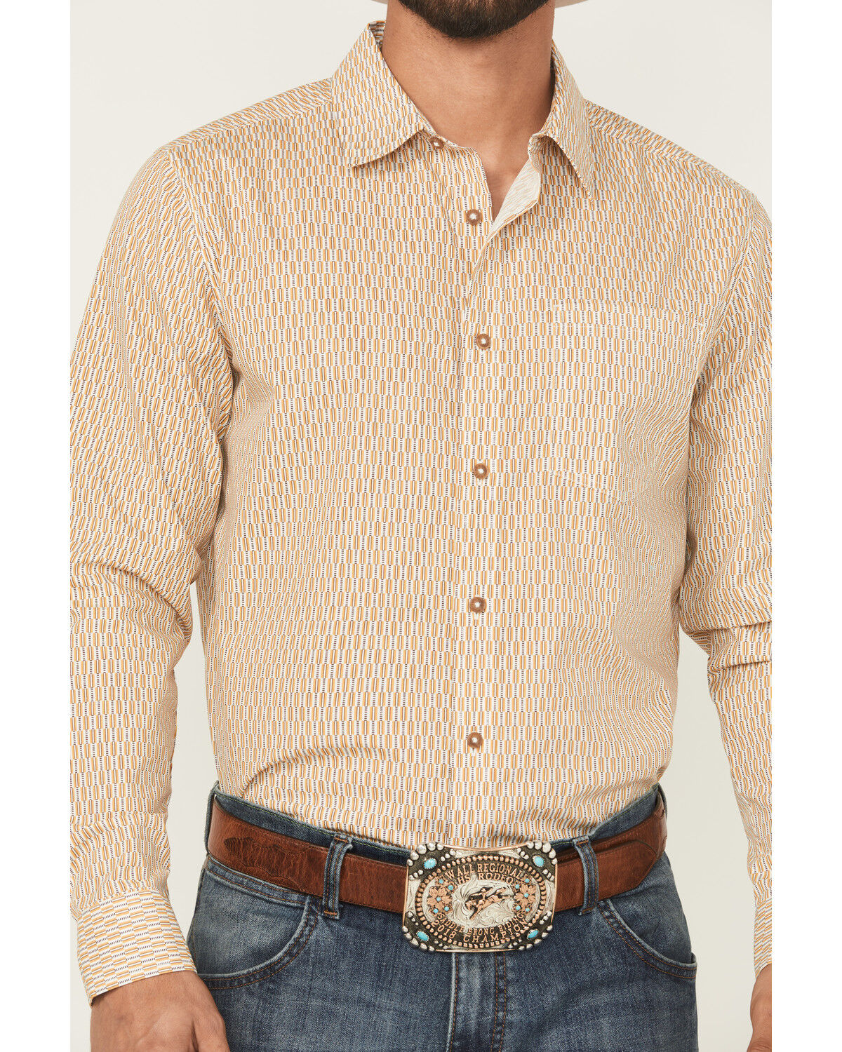 Image #3 - Gibson Trading Co Men's Lampshade Geo Print Long Sleeve Button-Down Stretch Western Shirt, Gold, hi-res