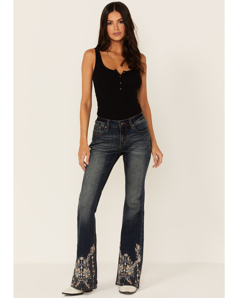 Grace In LA Women's Medium Wash High Rise Dripping Jewel Embroidered Bootcut Leg Jeans, Blue, hi-res