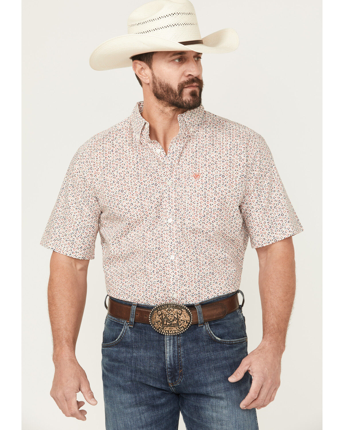 Image #1 - Ariat Men's Chapman Printed Short Sleeve Button-Down Western Shirt, White, hi-res