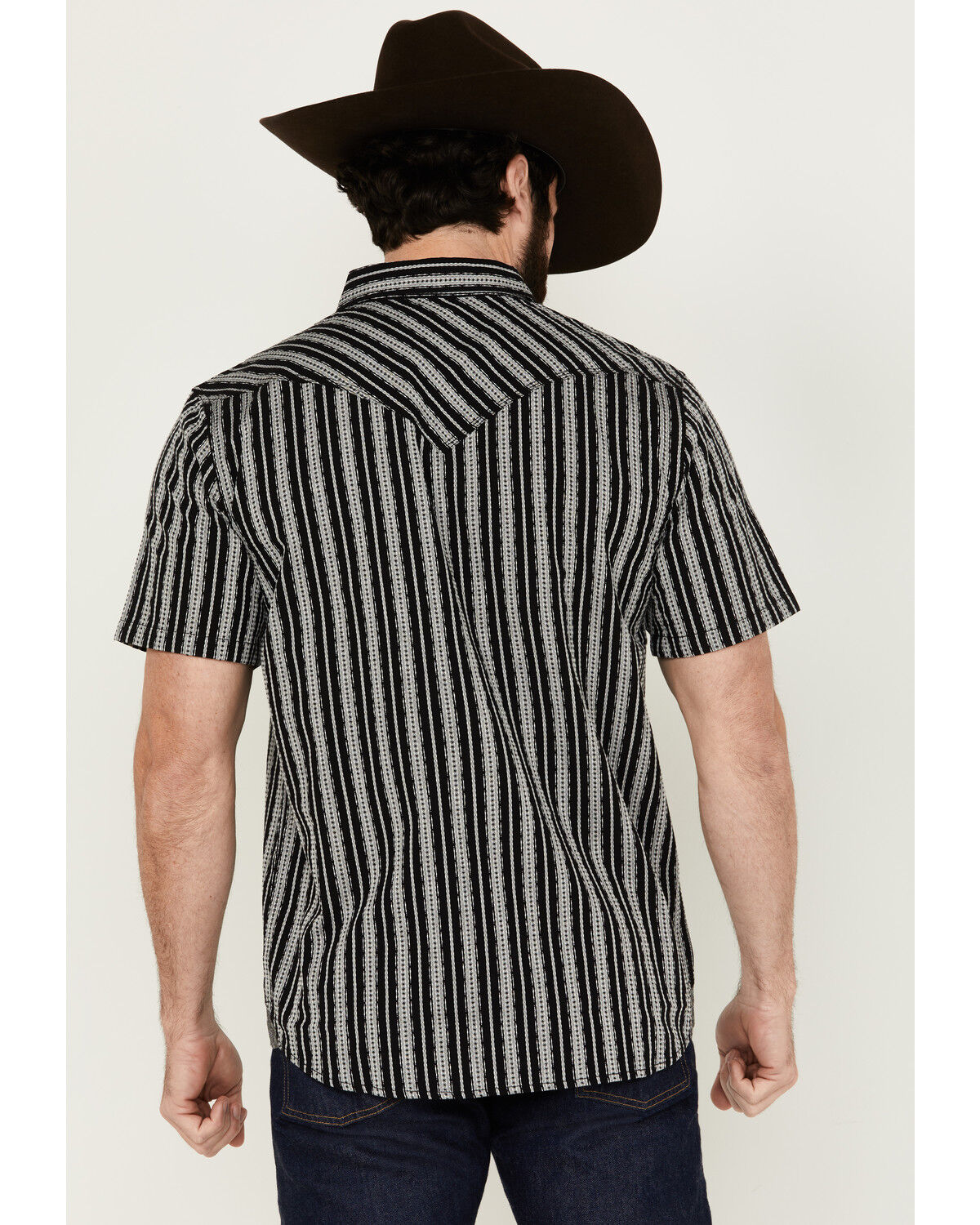 Image #4 - Moonshine Spirit Men's Flock Striped Short Sleeve Snap Western Shirt, Black, hi-res