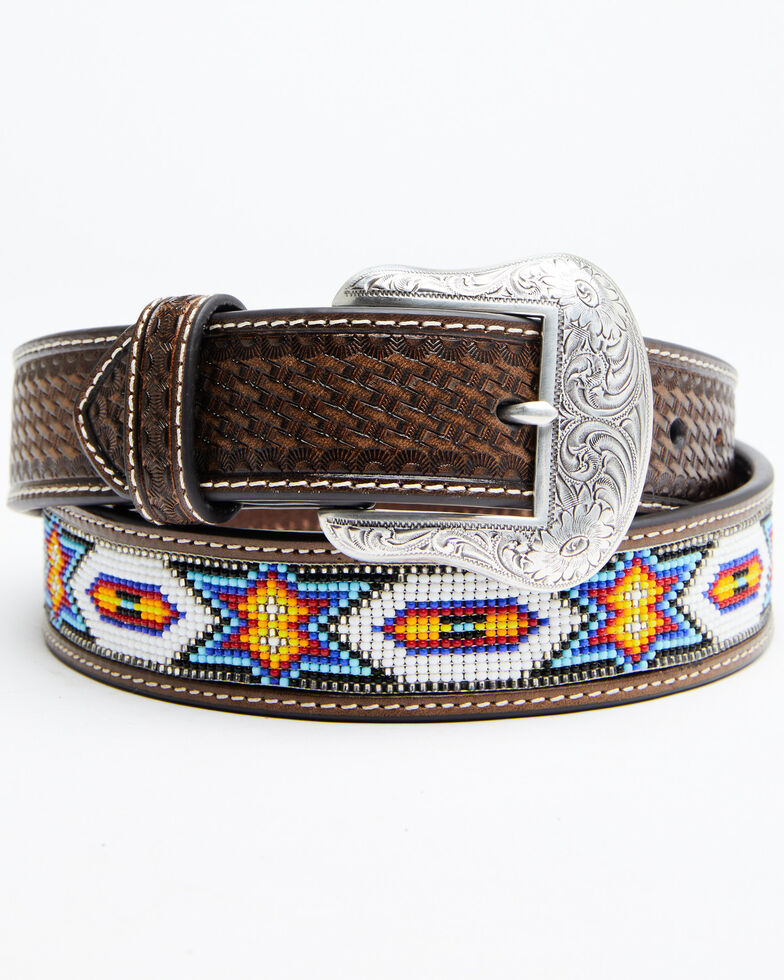 Nocona Men's Beaded Inlay Leather Belt, Tan, hi-res