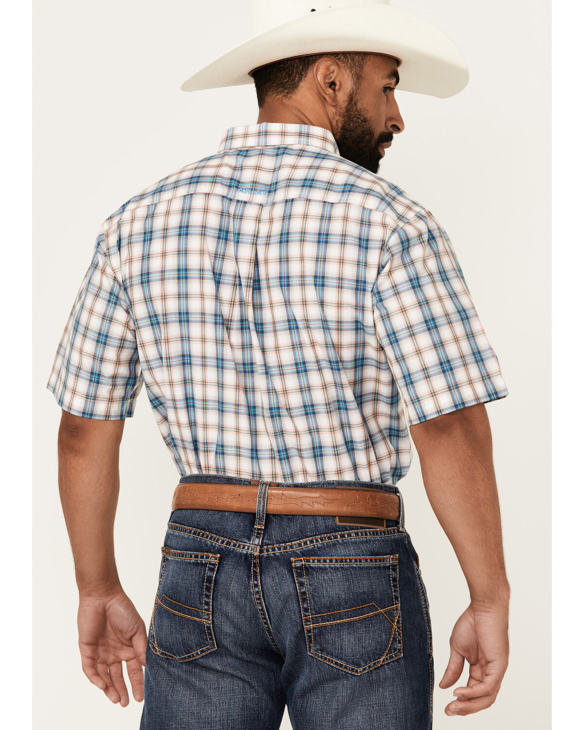 Image #4 - Ariat Men's Rowdy Plaid Print Short Sleeve Button-Down Performance Western Shirt, Blue, hi-res