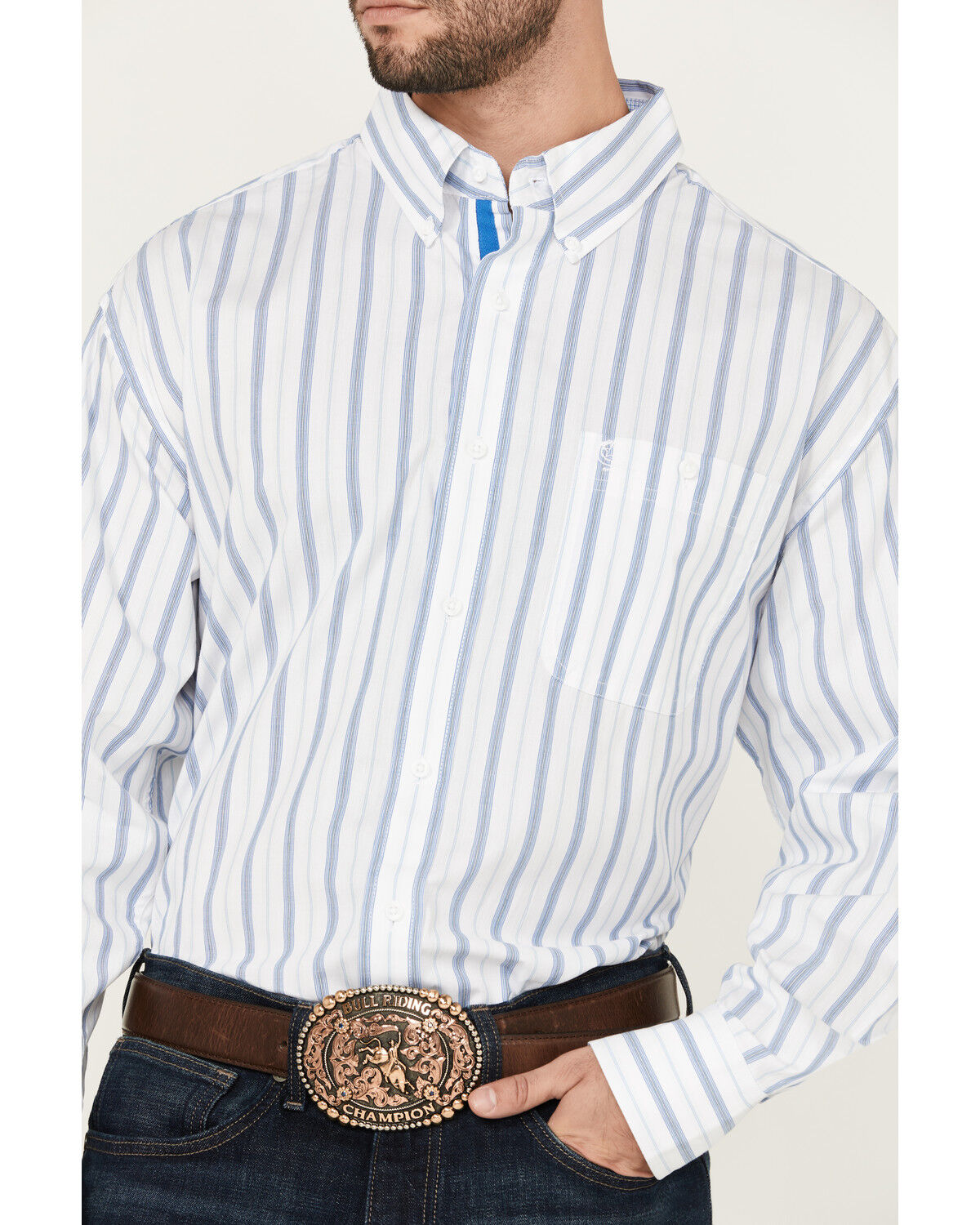 Image #3 - George Strait by Wrangler Men's Striped Long Sleeve Button-Down Stretch Western Shirt - Big, White, hi-res