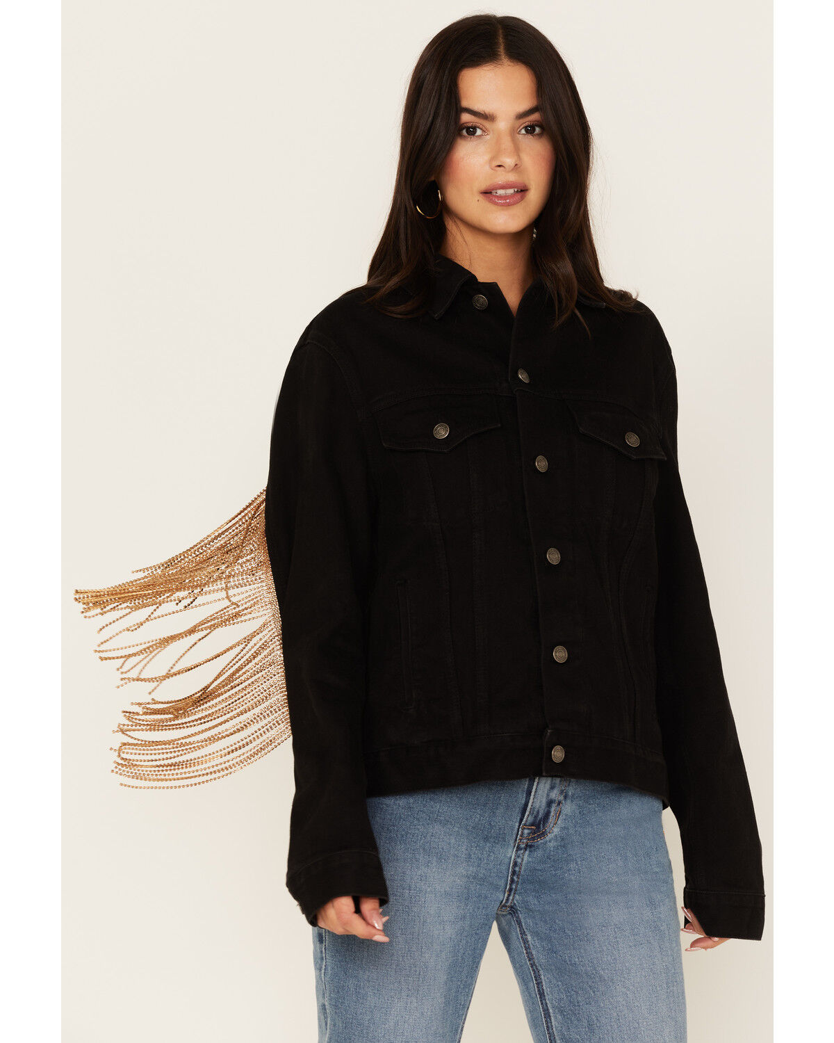 Image #1 - The Harley Jacket by DanielXDiamond: Women's Black Denim Jacket with Gold Fringe, Black, hi-res