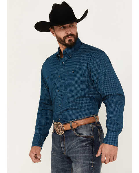 George Strait by Wrangler Men's Geo Print Long Sleeve Button-Down Shirt, Dark Blue, hi-res