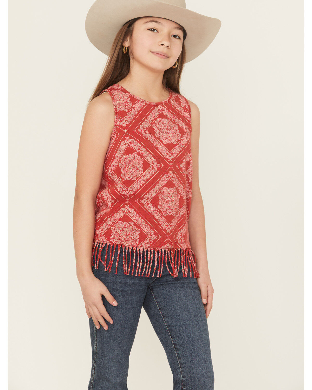 Image #1 - Rock & Roll Denim Girls' Bandana Print Fringe Tank Top, Red, hi-res