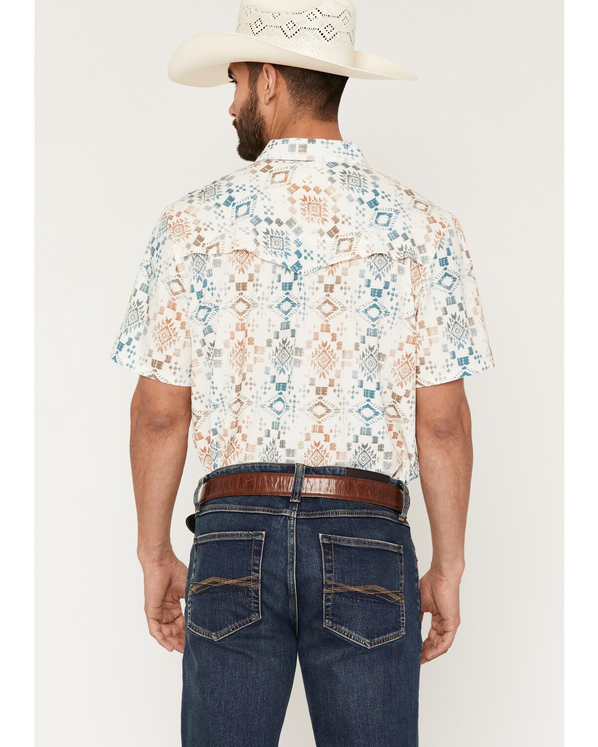 Image #4 - RANK 45&reg; Men's Everglades 2.0 Southwestern Print Rodeo Tech Short Sleeve Snap Western Shirt, Ivory, hi-res