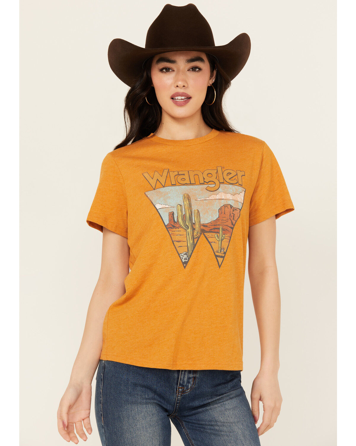Image #1 - Wrangler Women's Logo Desert Scene Short Sleeve Graphic Tee, Orange, hi-res