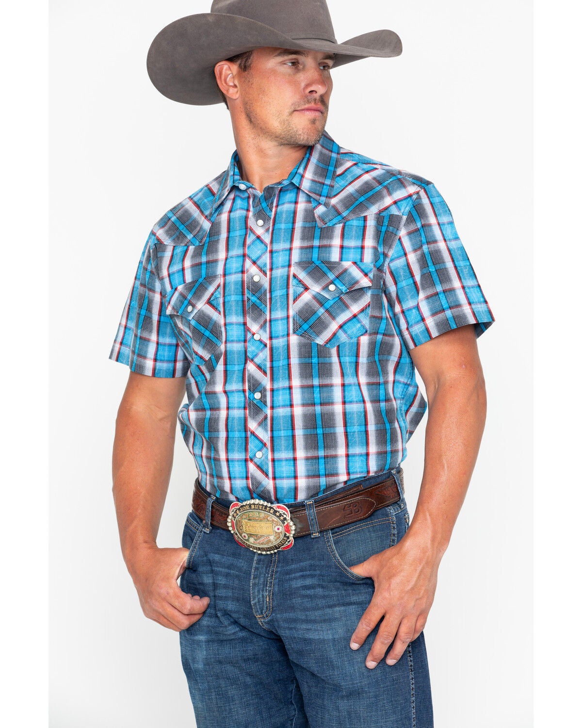Image #1 - Rock & Roll Denim Men's Crinkle Plaid Print Snap Short Sleeve Western Shirt, , hi-res