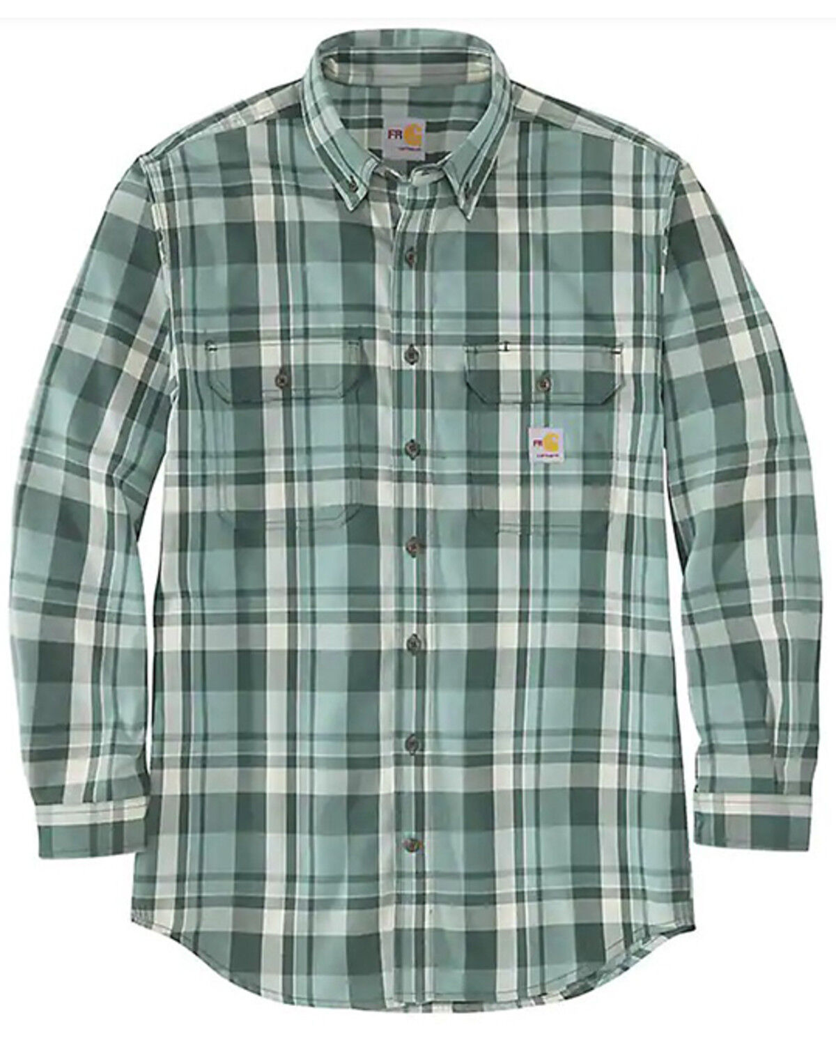 Image #1 - Carhartt Men's FR Twill Plaid Print Button Down Work Shirt, Green, hi-res