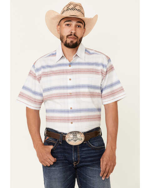 Image #1 - Rough Stock By Panhandle Men's Striped Camp Short Sleeve Button Down Western Shirt , White, hi-res