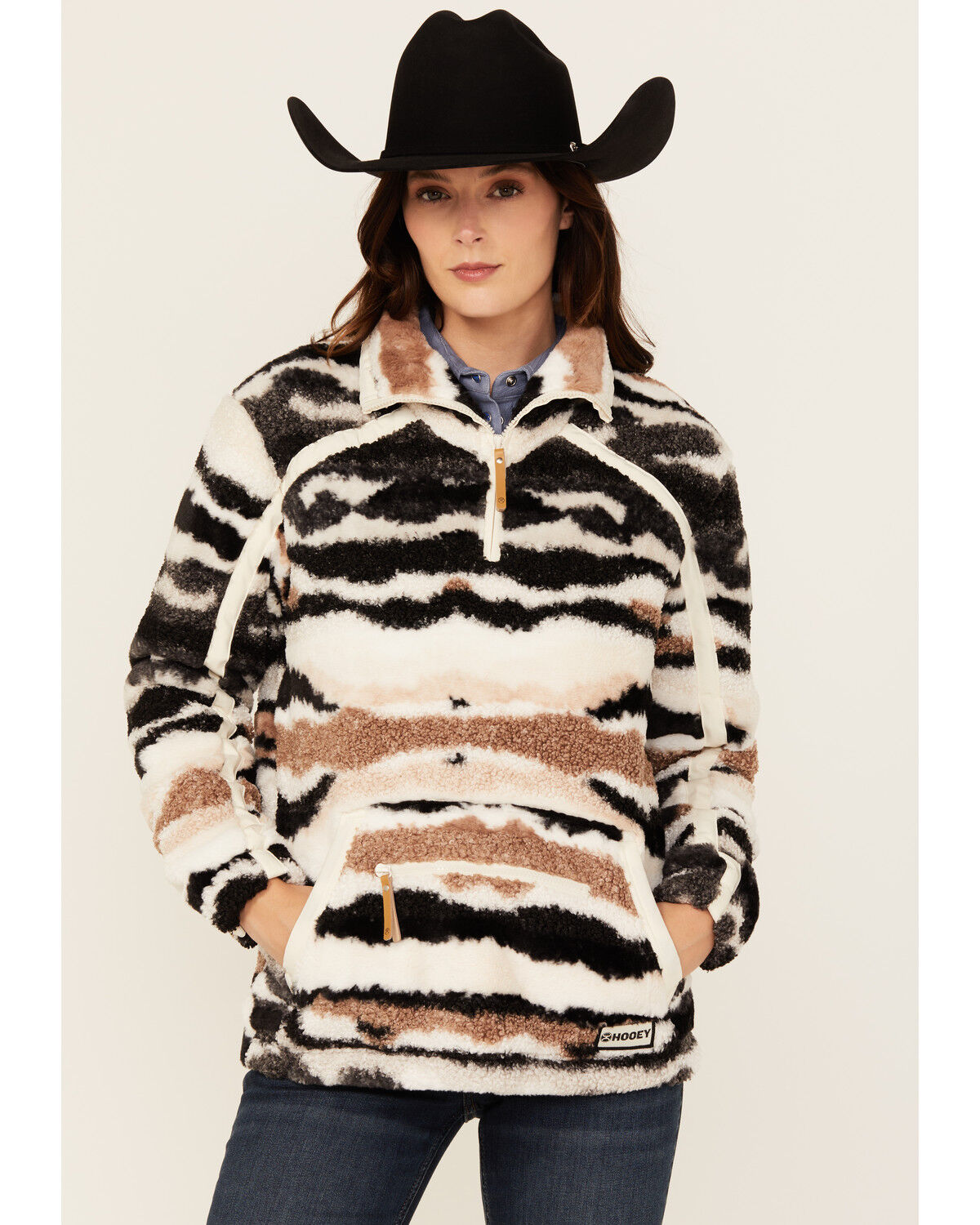 Image #1 - Hooey Women's Striped Fleece 1/2 Zip Pullover, Black, hi-res