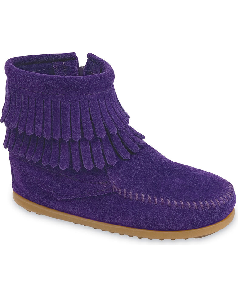 Minnetonka Infant Girls' Double Fringe Side Zip Moccasin Boots, Purple, hi-res