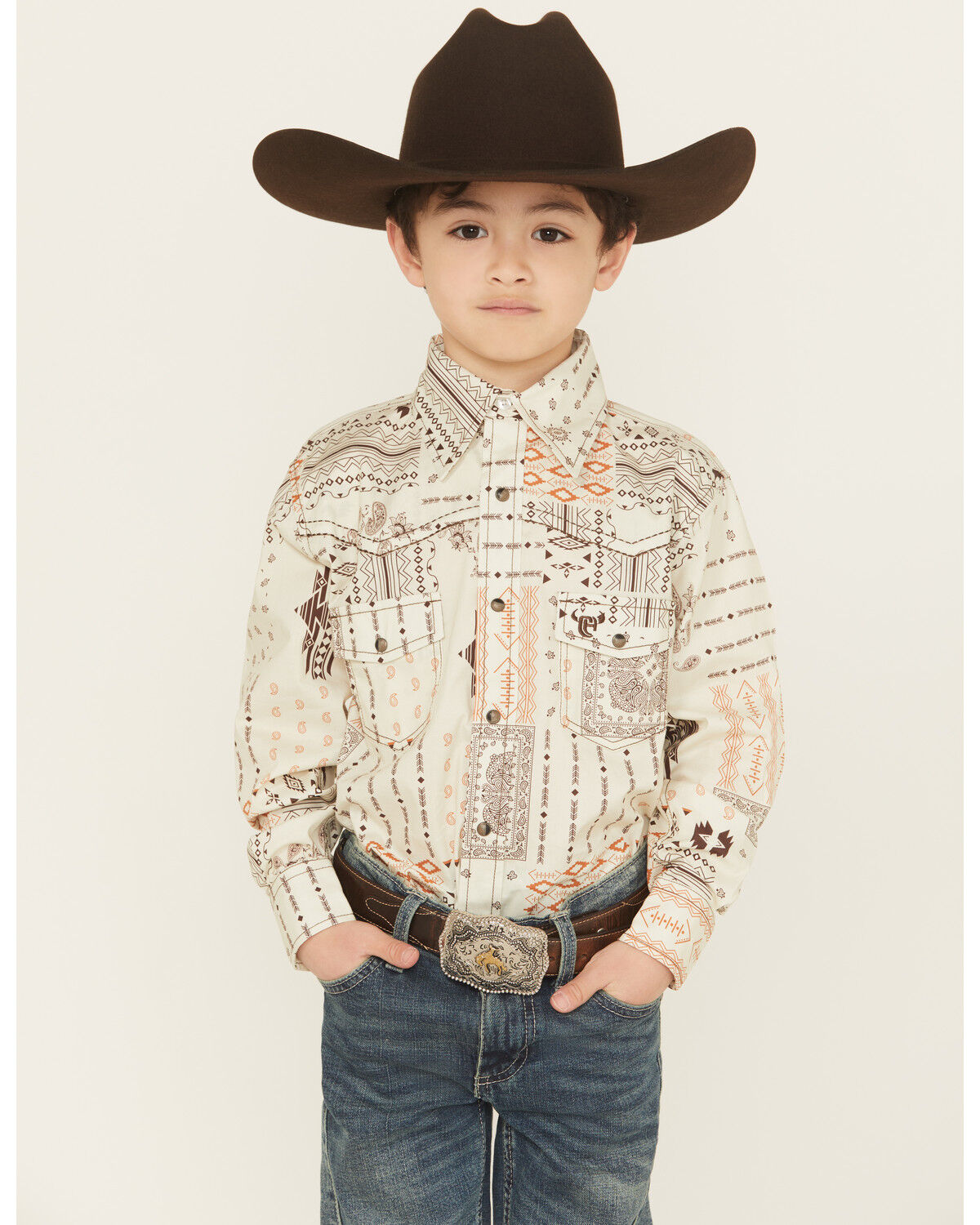 Image #1 - Cowboy Hardware Boys' Southwestern Bandana Print Long Sleeve Snap Stretch Western Shirt, Tan, hi-res