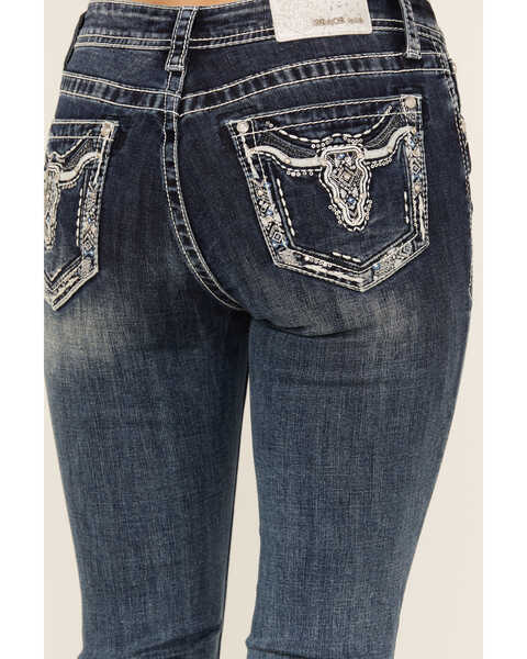 Image #2 - Grace In LA Women's Medium Wash Sequin Longhorn Pocket Mid Rise Bootcut Stretch Denim Jeans, Medium Wash, hi-res