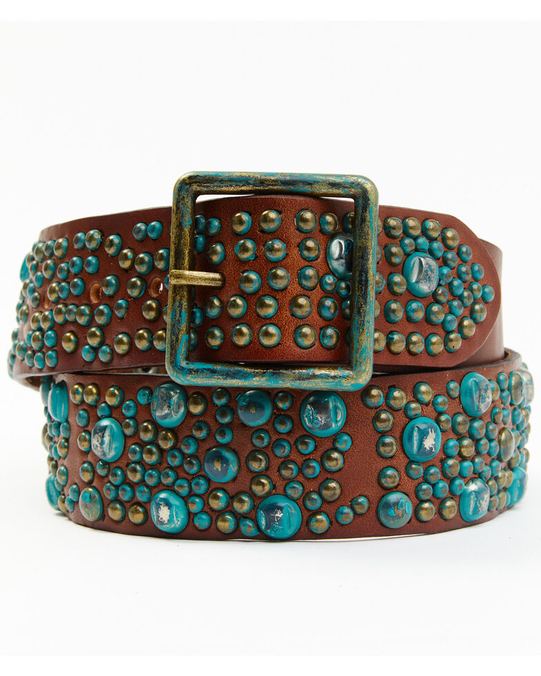 Bed Stu Women's Oxy II Tan Multi Turquoise Patina Studded Leather Belt, Tan, hi-res